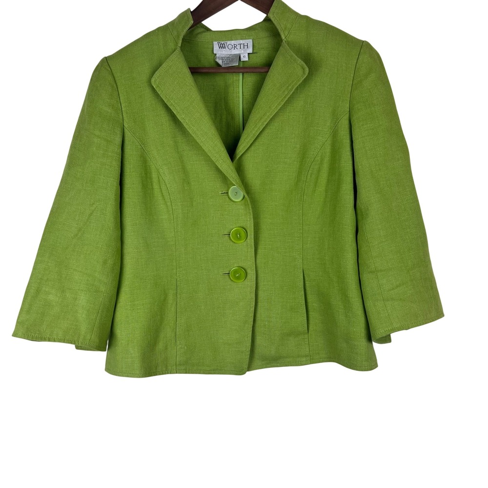 Worth Womens Lime Green 100% Linen 3-Button Blazer Jacket Size 10 3/4 Sleeve